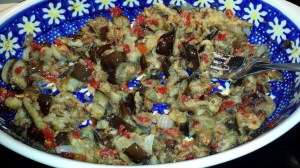 Mashing the roasted eggplant dip