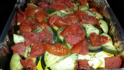 Zucchini & Crookneck squash with tomatoes, onions & garlic - roasted on the grill